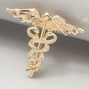 Brooch- medical caduceus symbol, NIP, approx 1.5x1.5”, all golden, nice gift